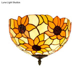 Sunflower Stained Glass Ceiling Fixture - Tiffany 2/3 Lights Yellow & Green Flushmount Lamp