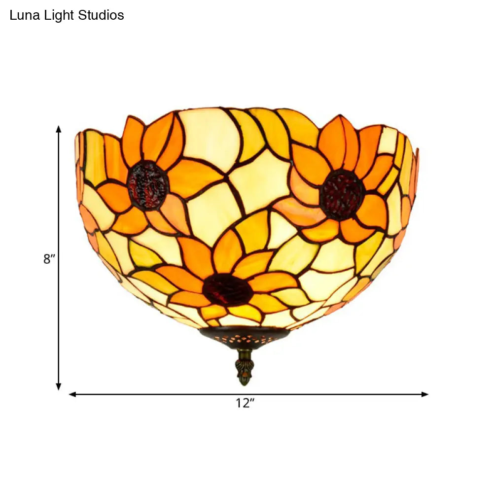 Sunflower Stained Glass Ceiling Fixture - Tiffany 2/3 Lights Yellow & Green Flushmount Lamp