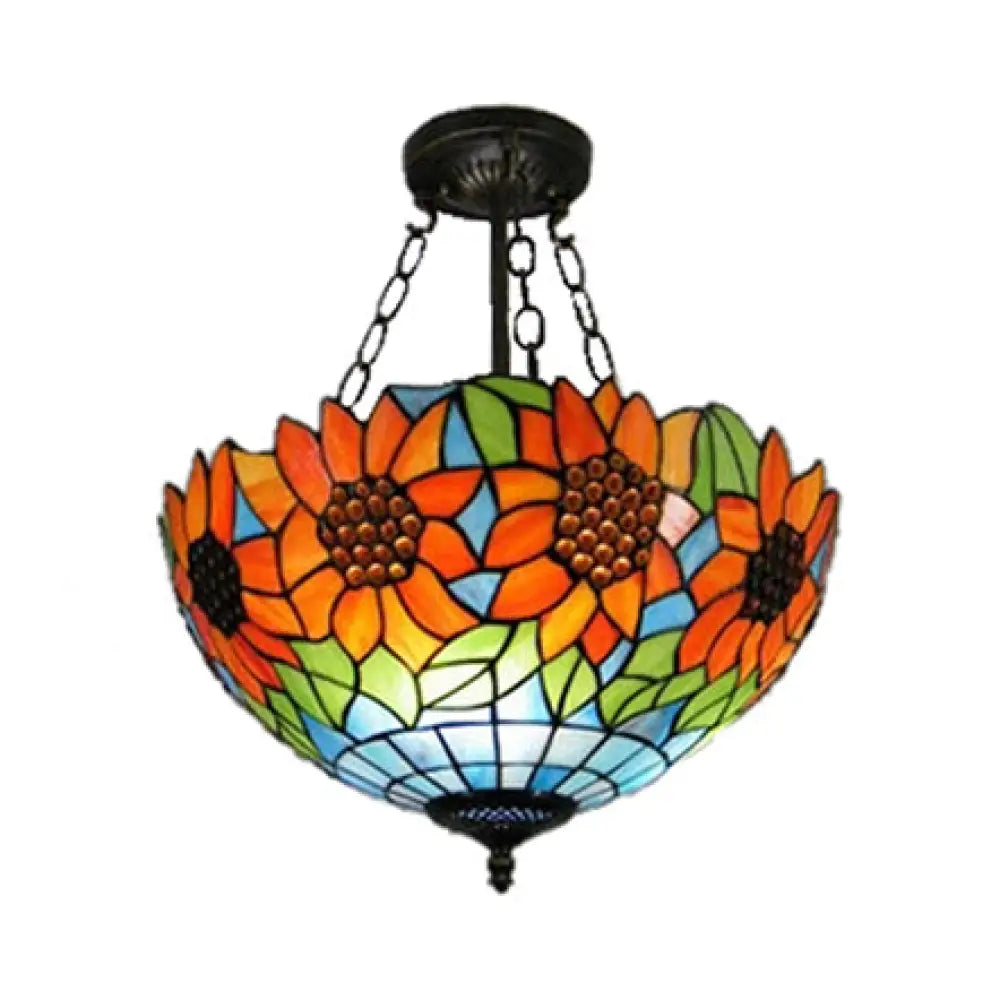 Sunflower Stained Glass Ceiling Light - Rustic Tiffany Style In Orange 12’/16’ Width Semi Flush