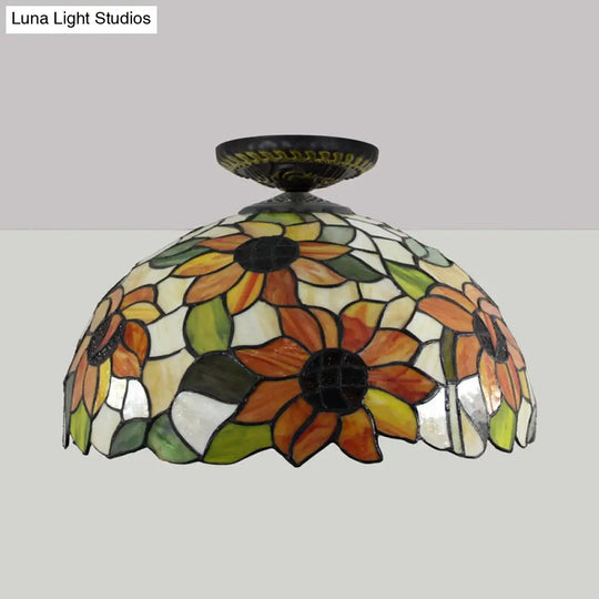 Sunflower Tiffany Stained Glass Ceiling Lamp - 1 Light Brass Flush Mount