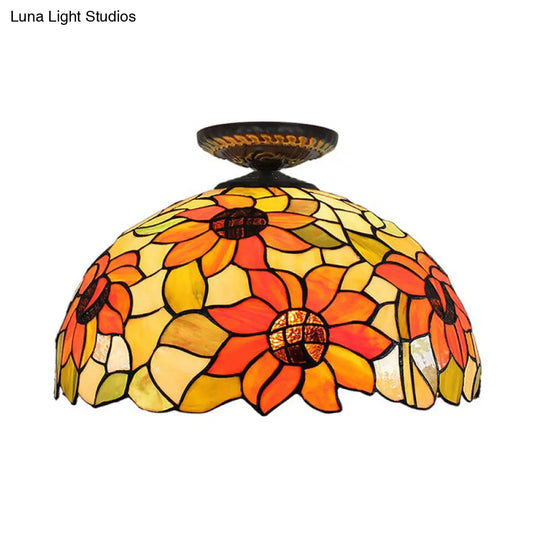 Sunflower Tiffany Stained Glass Ceiling Lamp - 1 Light Brass Flush Mount