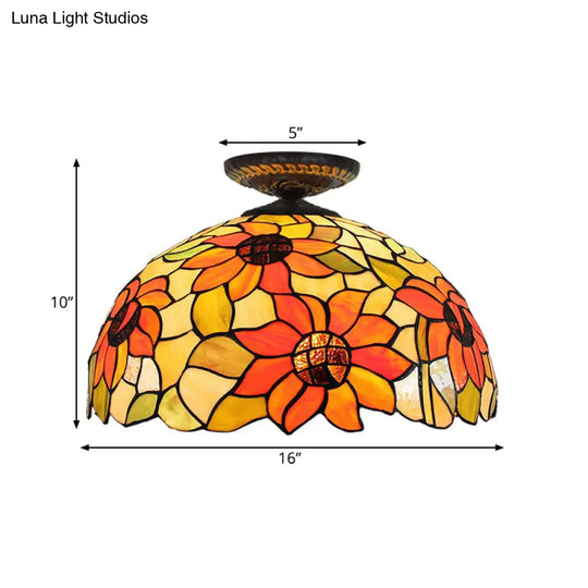 Sunflower Tiffany Stained Glass Ceiling Lamp - 1 Light Brass Flush Mount