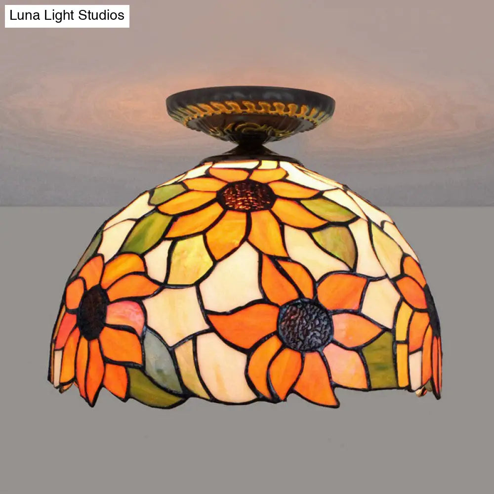 Sunflower Tiffany Stained Glass Ceiling Lamp - 1 Light Brass Flush Mount