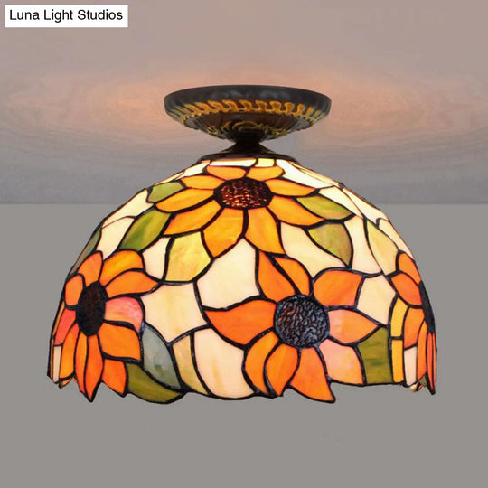 Sunflower Tiffany Stained Glass Ceiling Lamp - 1 Light Brass Flush Mount