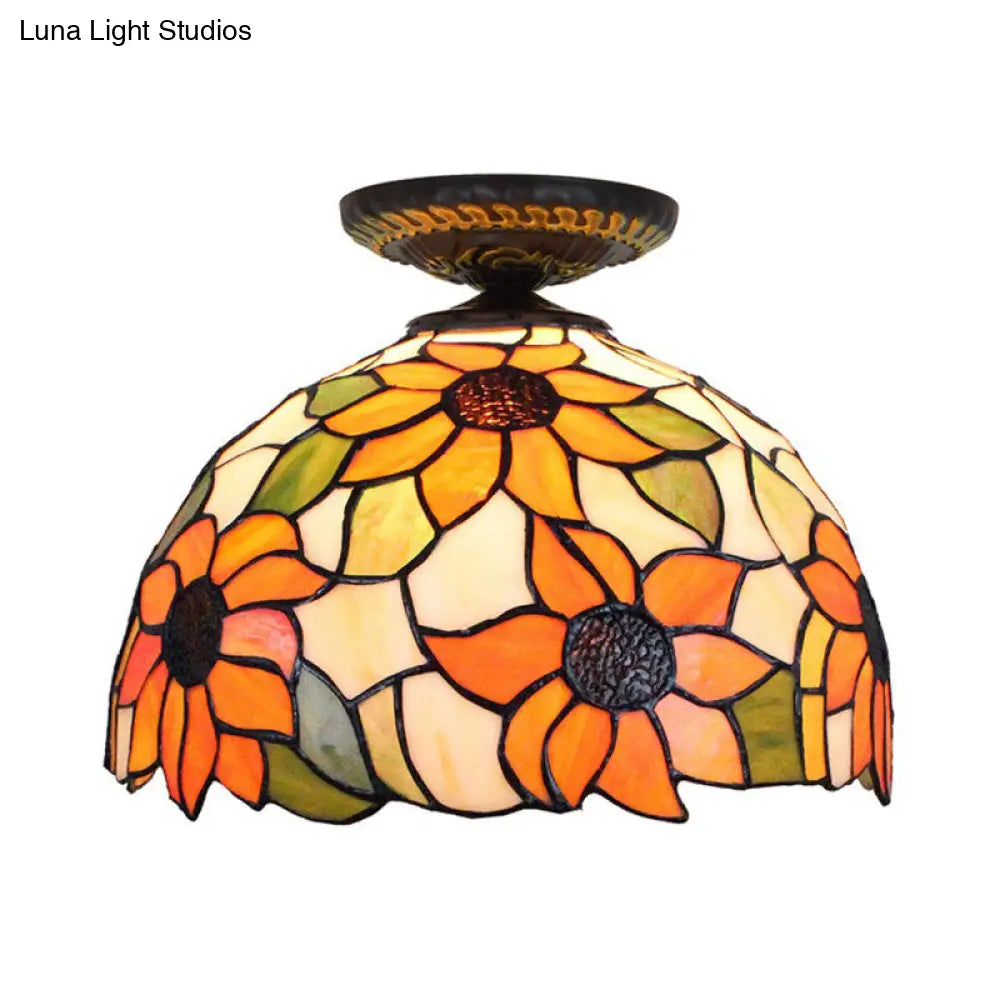 Sunflower Tiffany Stained Glass Ceiling Lamp - 1 Light Brass Flush Mount