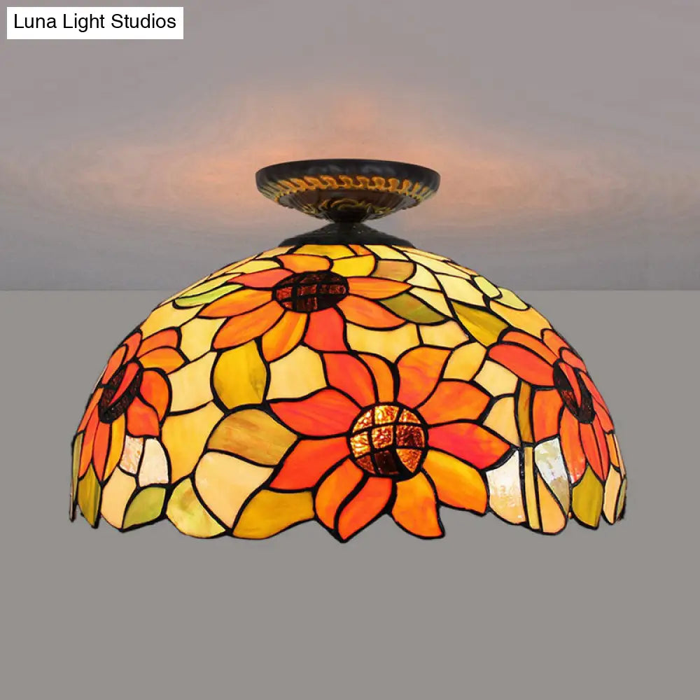 Sunflower Tiffany Stained Glass Ceiling Lamp - 1 Light Brass Flush Mount / 16