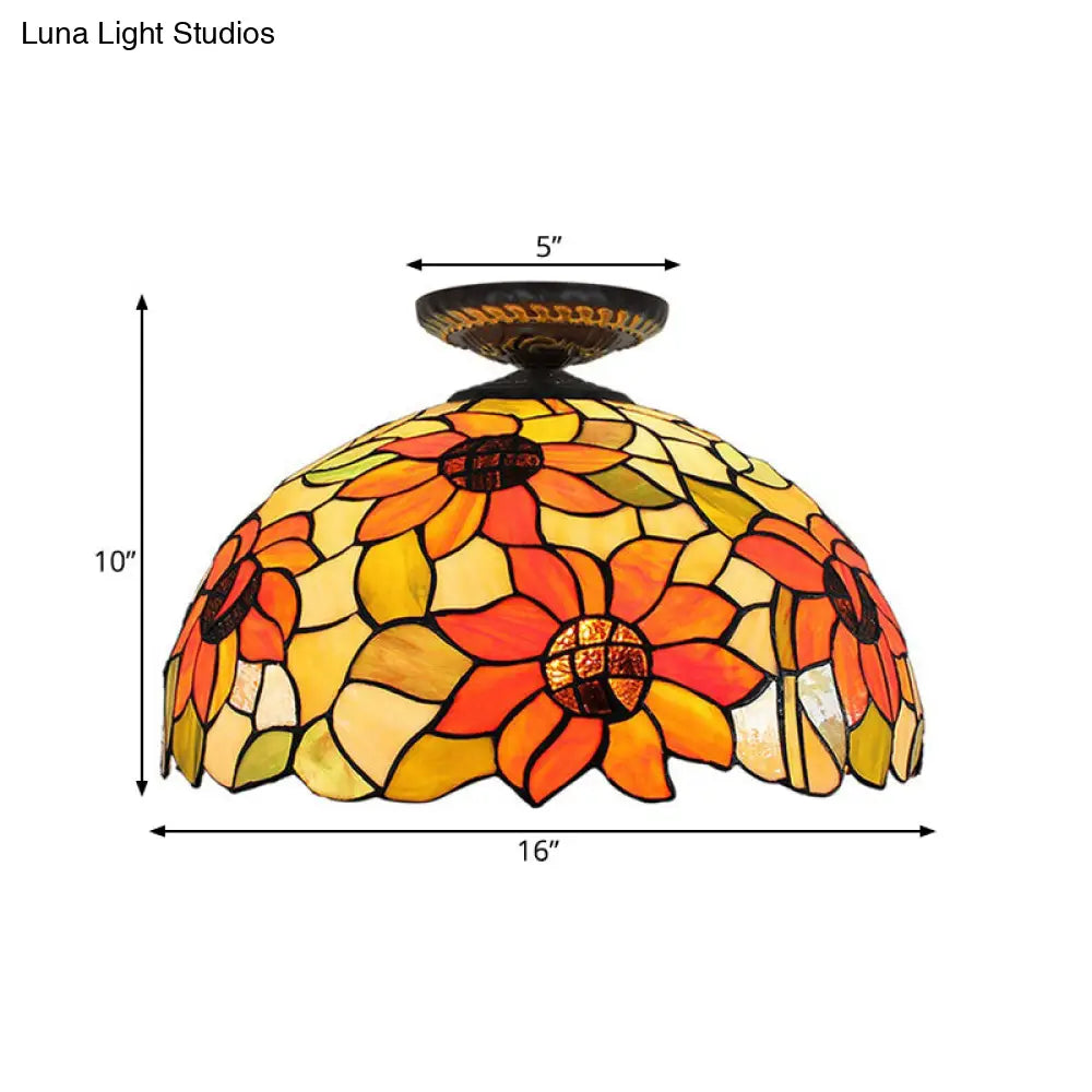 Sunflower Tiffany Stained Glass Ceiling Lamp - 1 Light Brass Flush Mount
