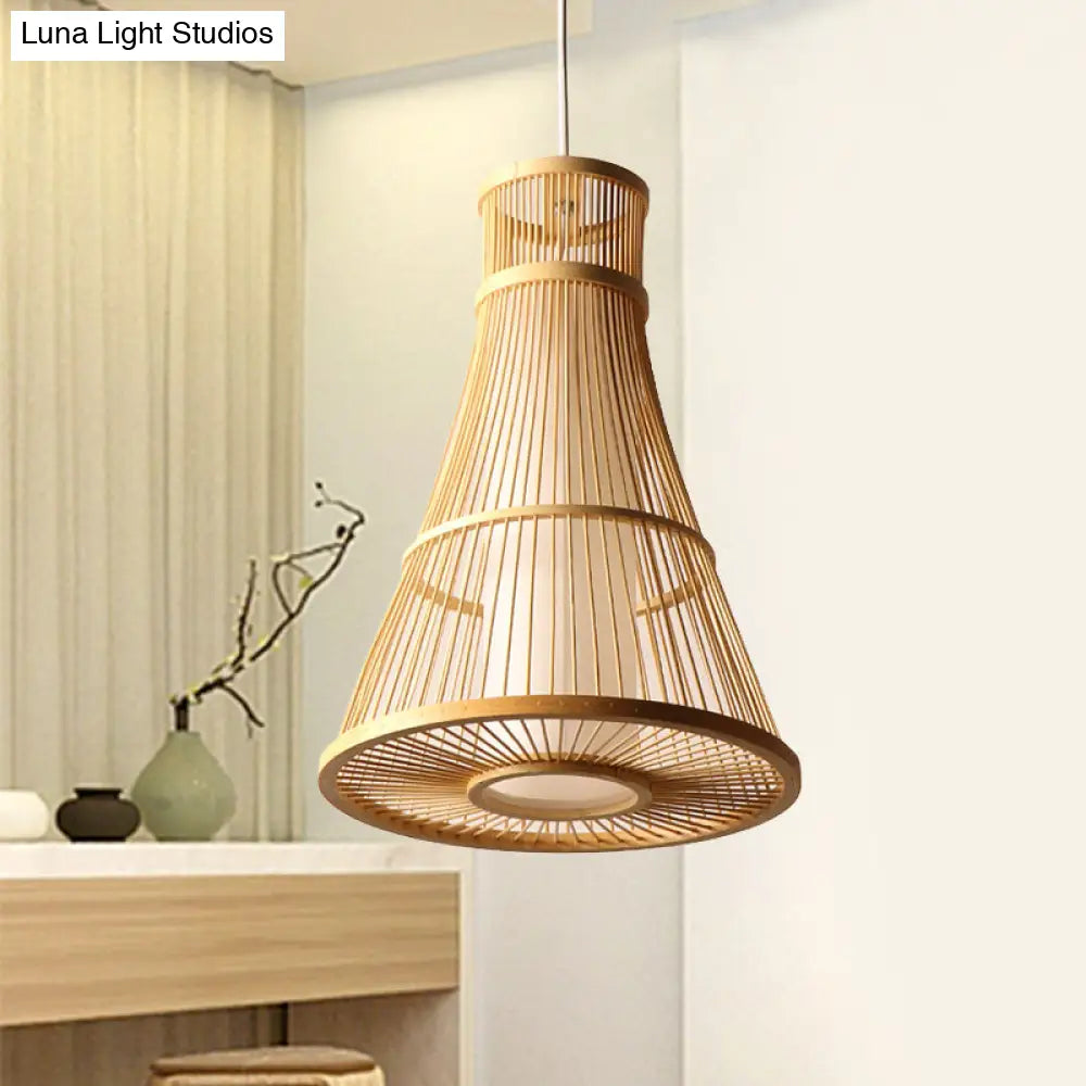 Suspended Asia Bamboo Trumpet Hanging Light Fixture In Beige - Ideal For Restaurants