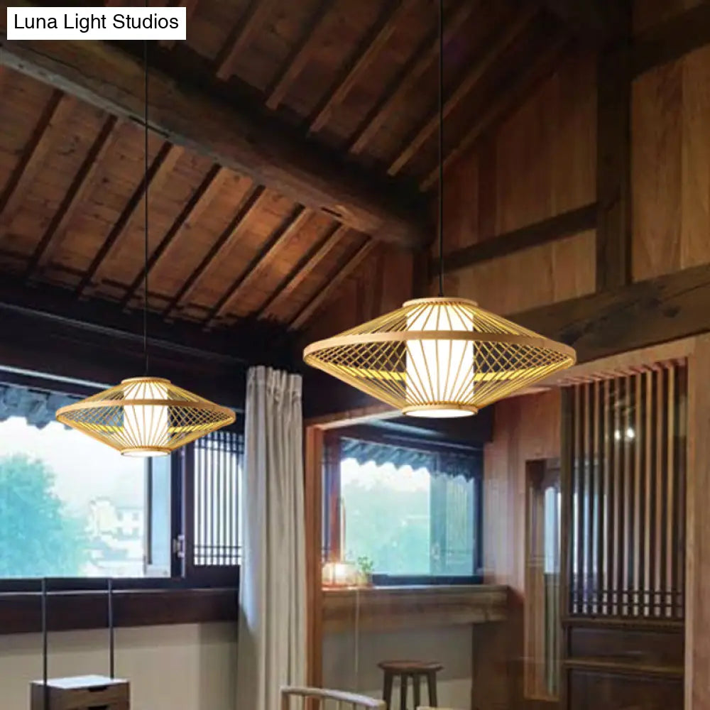Suspended Bamboo Saucer Lamp - Modern Style 1-Bulb Hanging Light Fixture 19.5/23.5 Dia Black/Beige