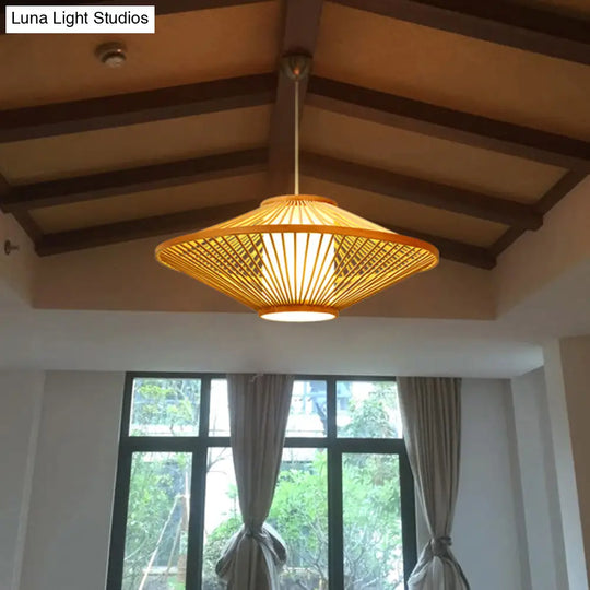 Suspended Bamboo Saucer Lamp - Modern Style 1-Bulb Hanging Light Fixture 19.5/23.5 Dia Black/Beige