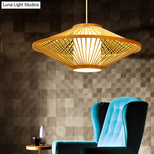Suspended Bamboo Saucer Lamp - Modern Style 1-Bulb Hanging Light Fixture 19.5/23.5 Dia Black/Beige