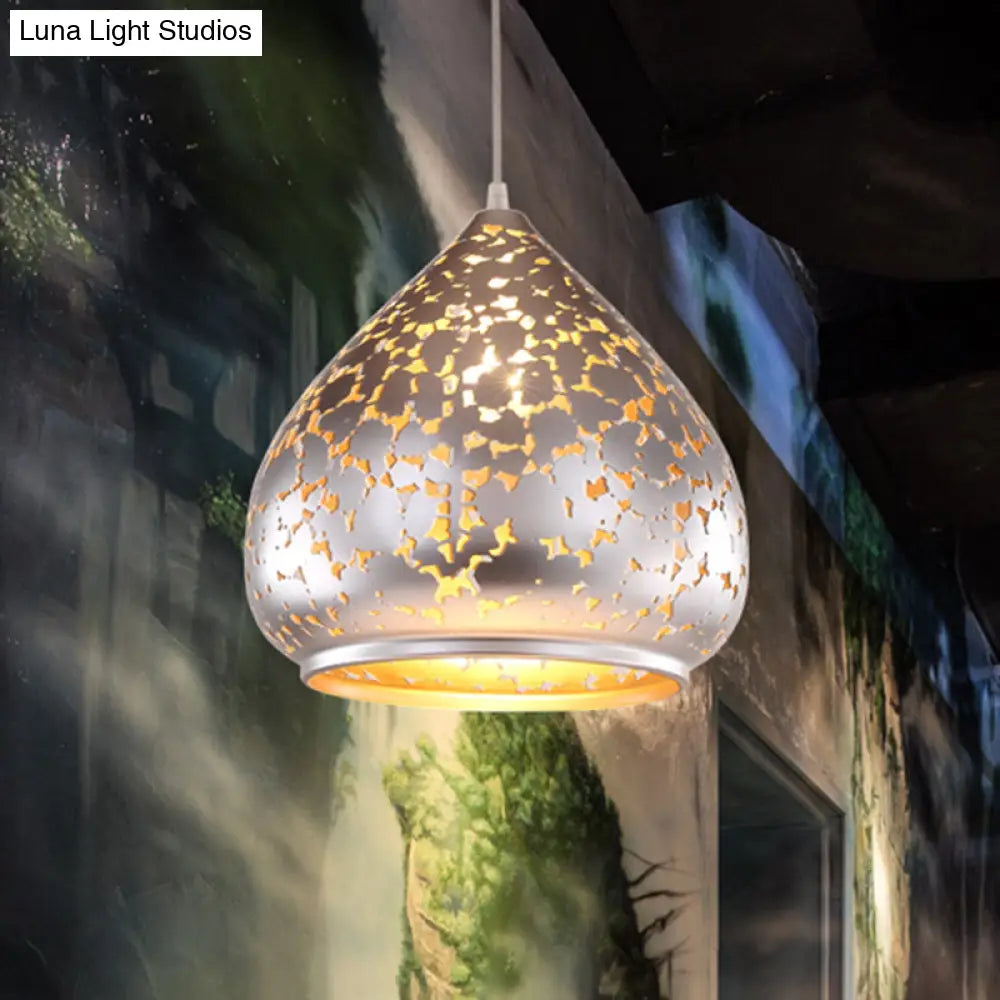 Suspended Carved Pendant Light - Arab Metal Fixture 1 Bulb Silver/Bronze/Brass Ideal For Bedroom