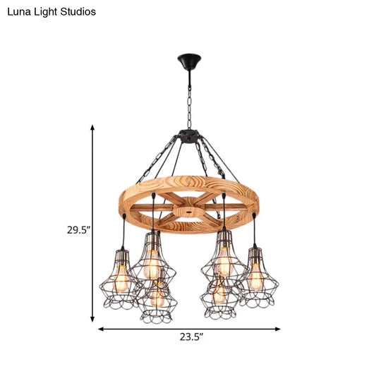 Wood Suspension Wagon Wheel Chandelier For Dining Hall - 6/8-Light Ceiling Fixture With Wire Cage