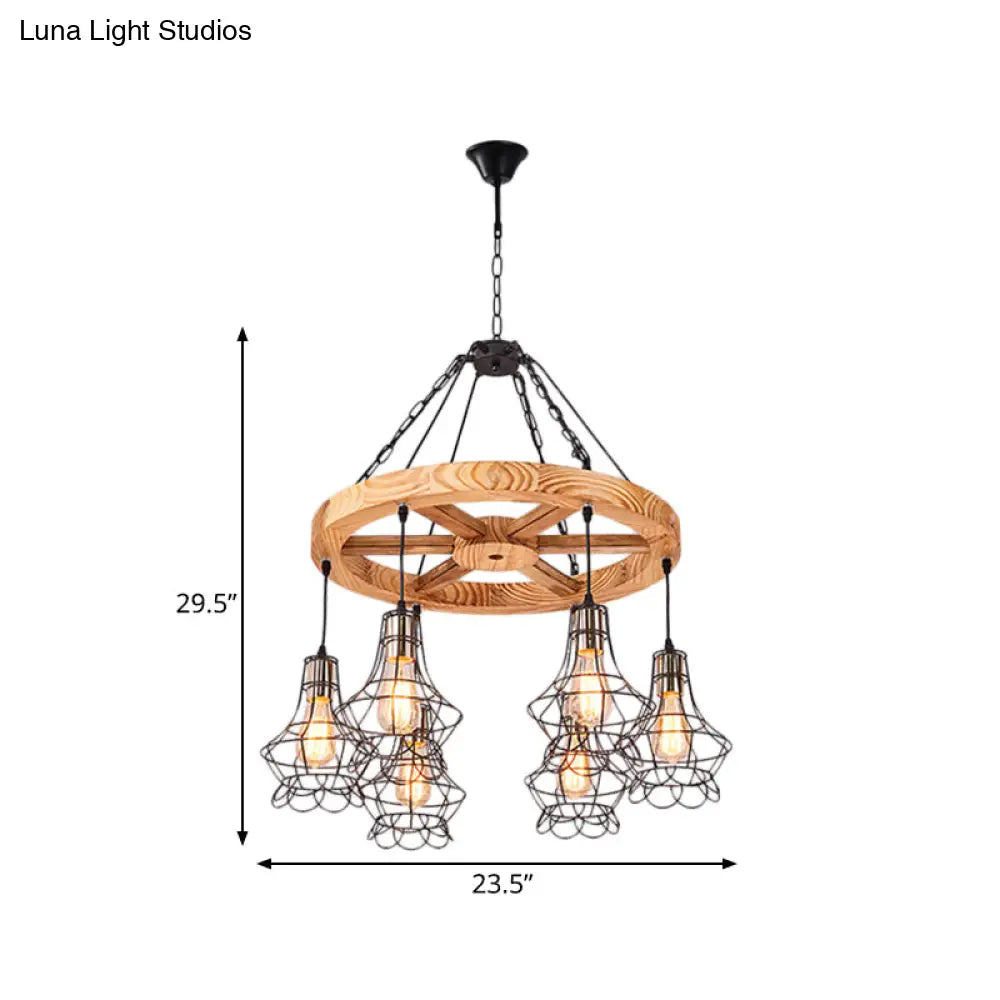 Suspension Wooden Wagon Wheel Chandelier - Rustic 6/8-Light Fixture With Wire Cage For Dining Hall
