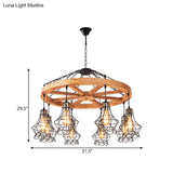 Suspension Wooden Wagon Wheel Chandelier - Rustic 6/8-Light Fixture With Wire Cage For Dining Hall