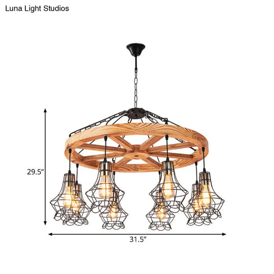 Wood Suspension Wagon Wheel Chandelier For Dining Hall - 6/8-Light Ceiling Fixture With Wire Cage