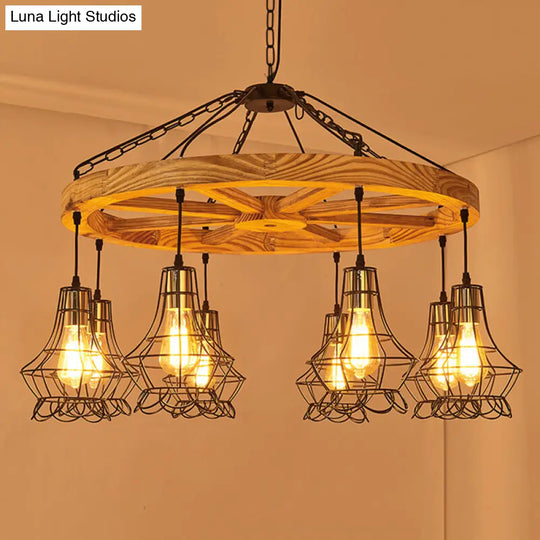 Wood Suspension Wagon Wheel Chandelier For Dining Hall - 6/8-Light Ceiling Fixture With Wire Cage