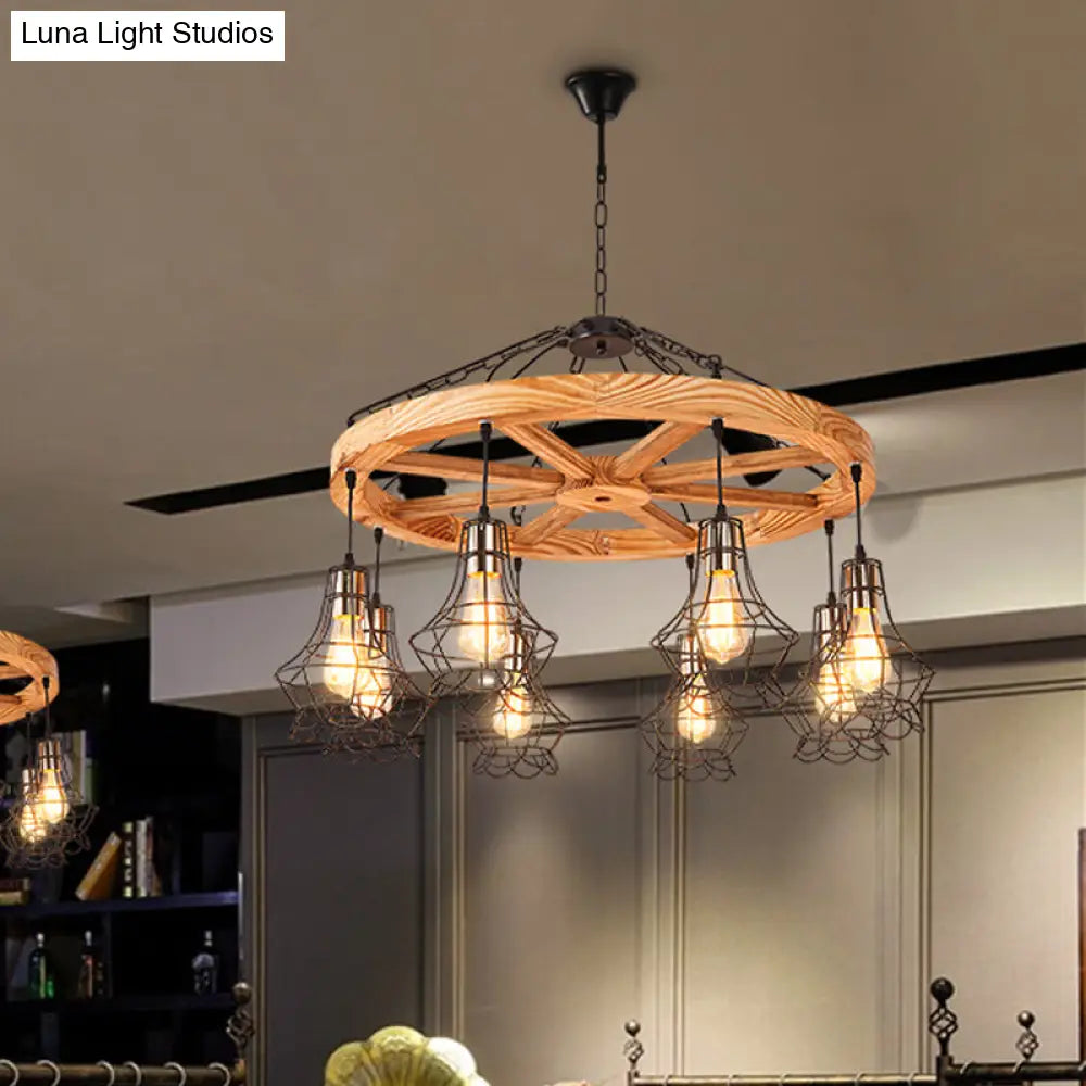 Suspension Wooden Wagon Wheel Chandelier - Rustic 6/8-Light Fixture With Wire Cage For Dining Hall