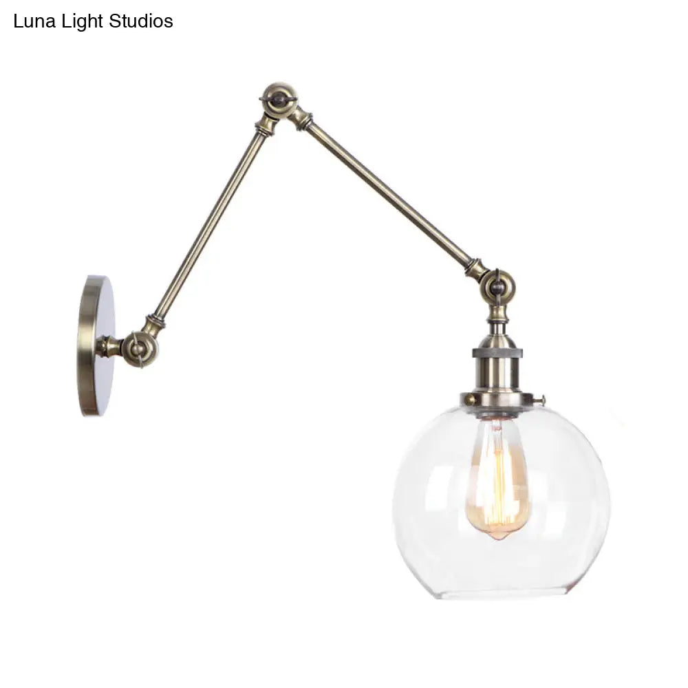 Swing Arm Clear Glass Wall Light Fixture With Brass/Bronze Finish - 1-Light Task Lamp Bell/Ball