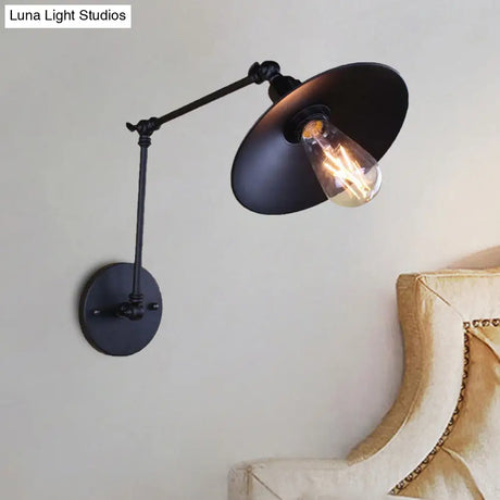 Swing Arm Metal Wall Sconce With Saucer Shade - Black/White 1 Light Fixture For Living Room