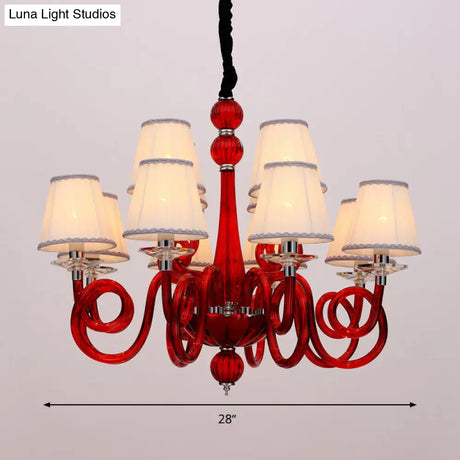 Swirled Arm Ceiling Chandelier - Vintage Design 12 Lights Glass Hanging Lamp With Cone Fabric Shade