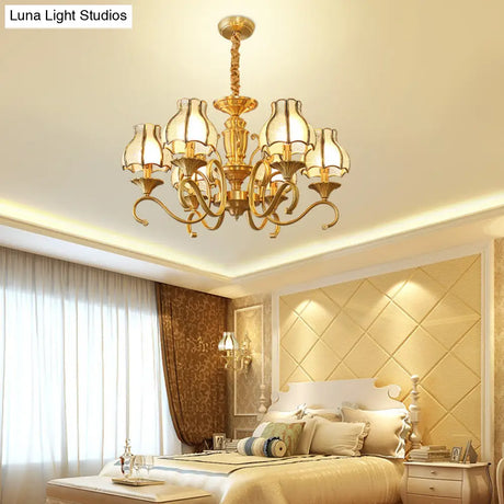 Swirled Arm Suspended Chandelier In Gold: Colonial Style With Frosted And Water Glass Shade (3/5/6