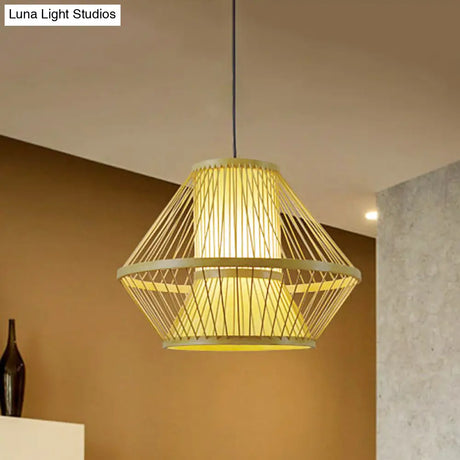 Tapered Chinese Bamboo Pendant Light With 1 Head - Beige Dining Room Lighting Fixture