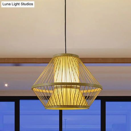 Tapered Chinese Bamboo Pendant Light With 1 Head - Beige Dining Room Lighting Fixture