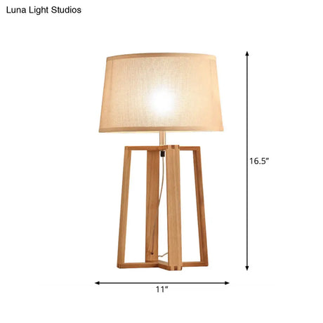 Tapered Drum Table Lamp: Contemporary Fabric Shade Wood Night Light With Trapezoid Base
