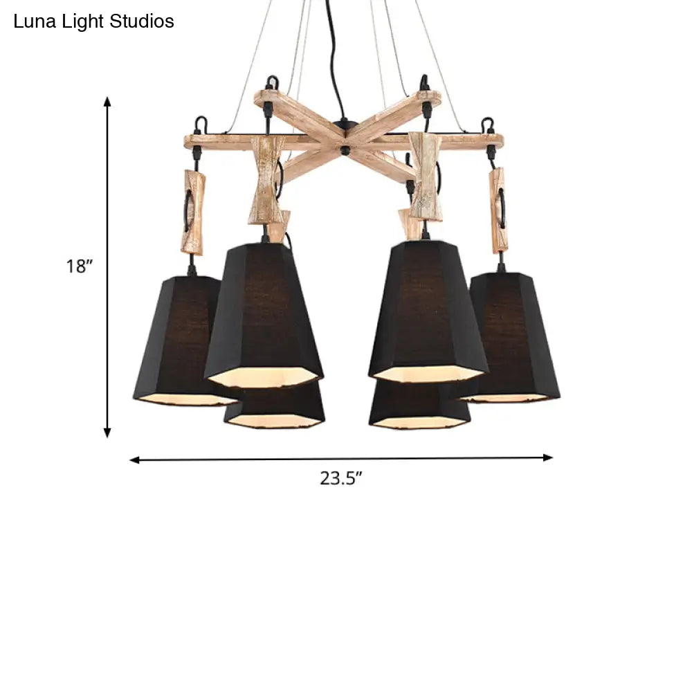 Tapered Fabric Chandelier With 6 Traditional Lights - Living Room Pendant In White/Black/Flaxen