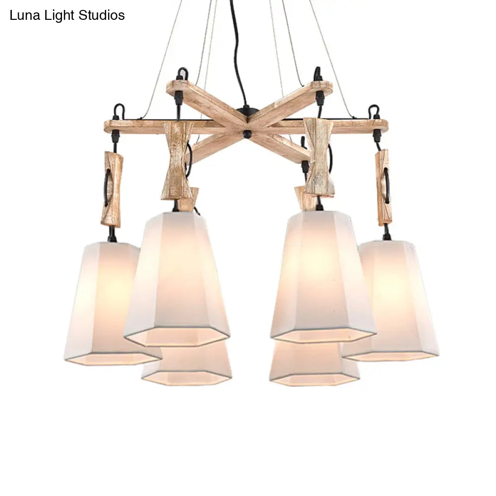 Tapered Fabric Chandelier With 6 Traditional Lights - Living Room Pendant In White/Black/Flaxen