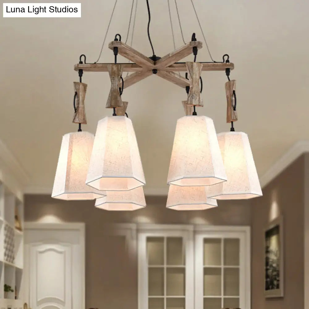 Tapered Fabric Chandelier With 6 Traditional Lights - Living Room Pendant In White/Black/Flaxen