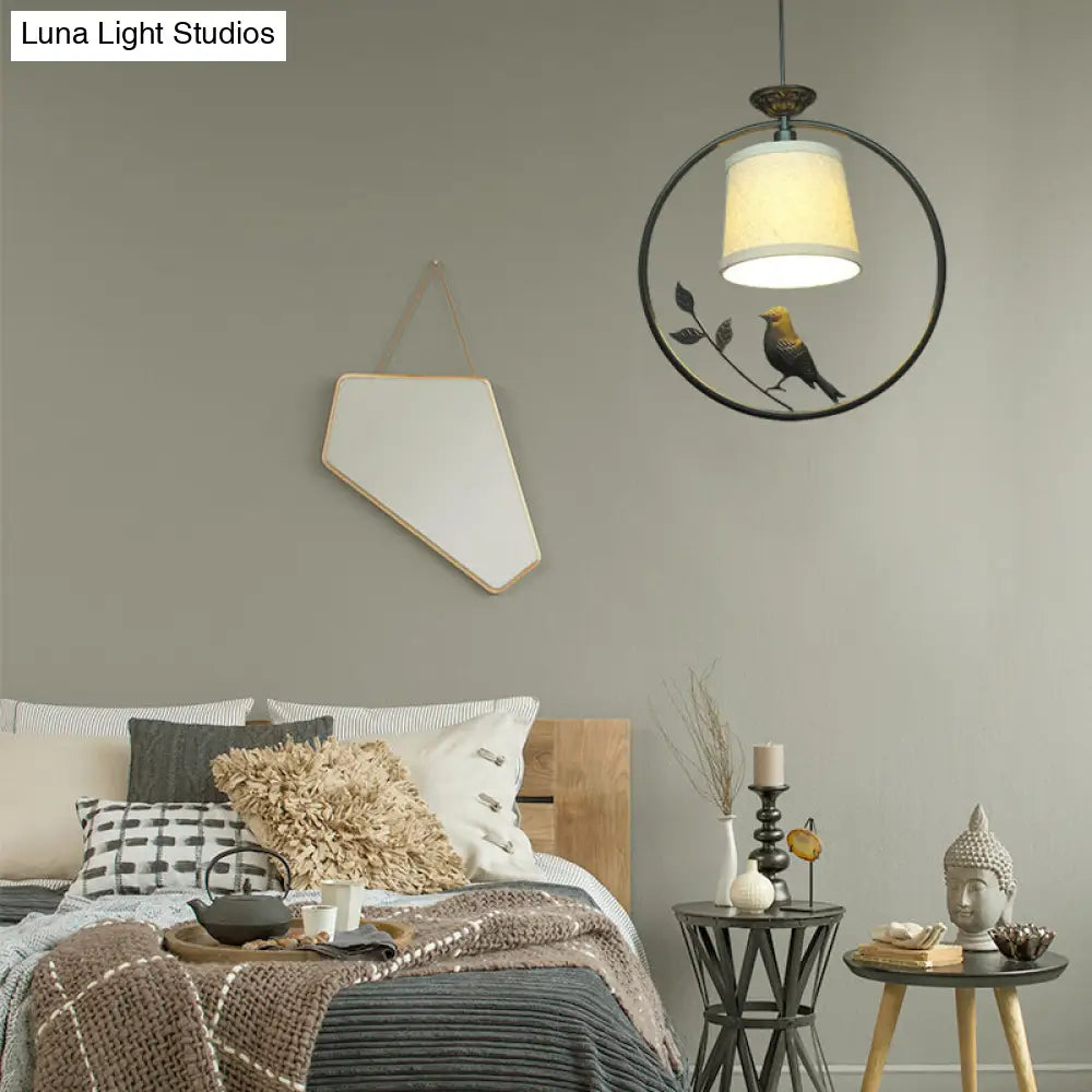 Tapered Fabric Pendant Light - Minimalist Ceiling Fixture With Black/Gold Ring Frame