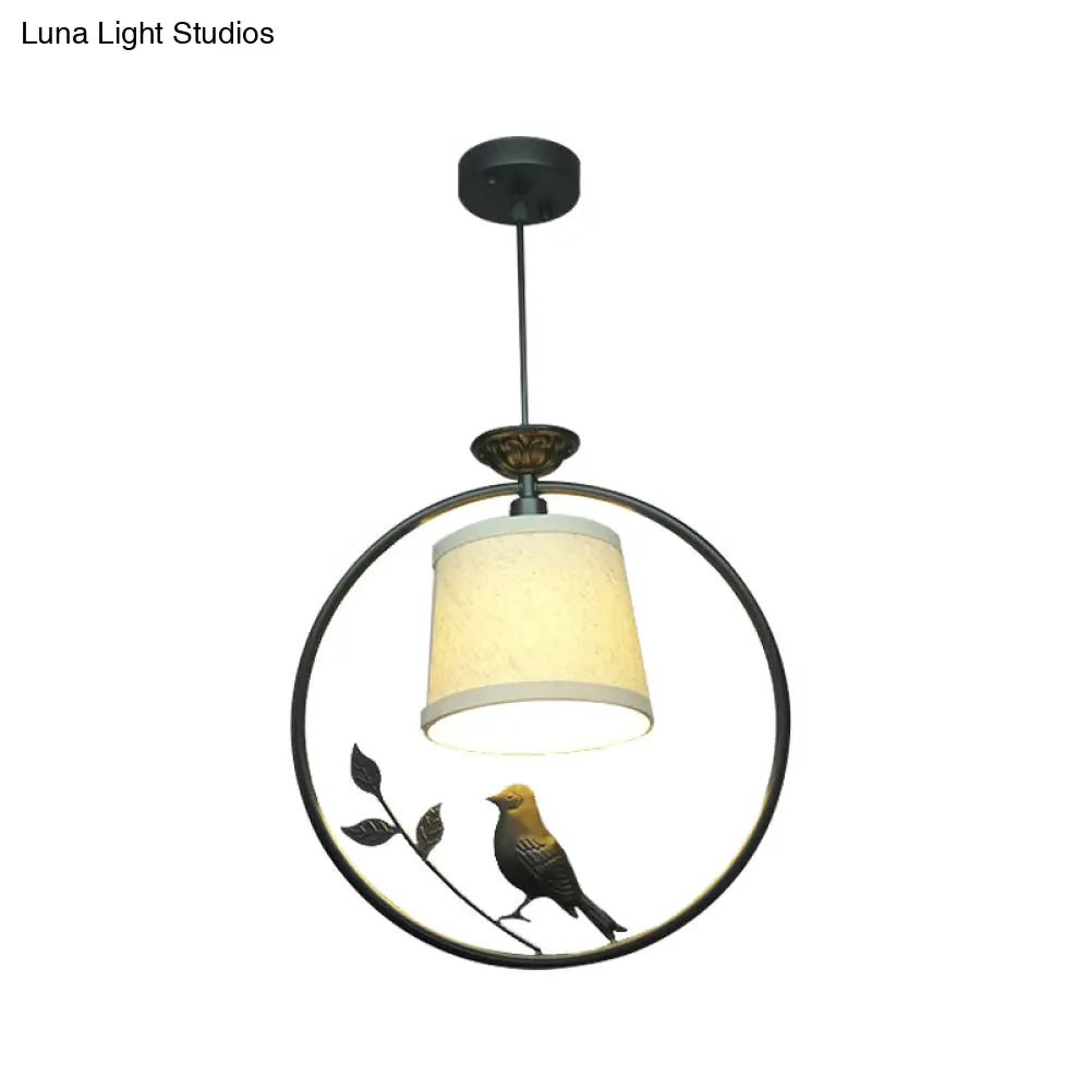 Tapered Fabric Pendant Light - Minimalist Ceiling Fixture With Black/Gold Ring Frame