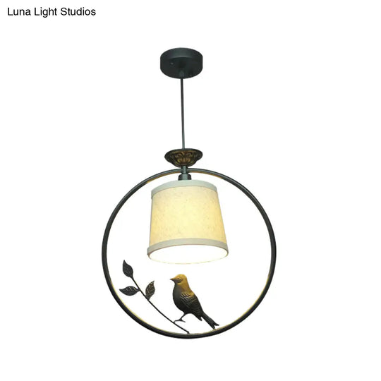 Tapered Fabric Pendant Light - Minimalist Ceiling Fixture With Black/Gold Ring Frame