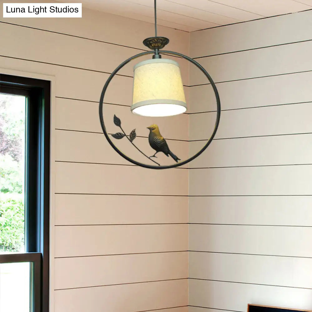 Tapered Fabric Pendant Light - Minimalist Ceiling Fixture With Black/Gold Ring Frame