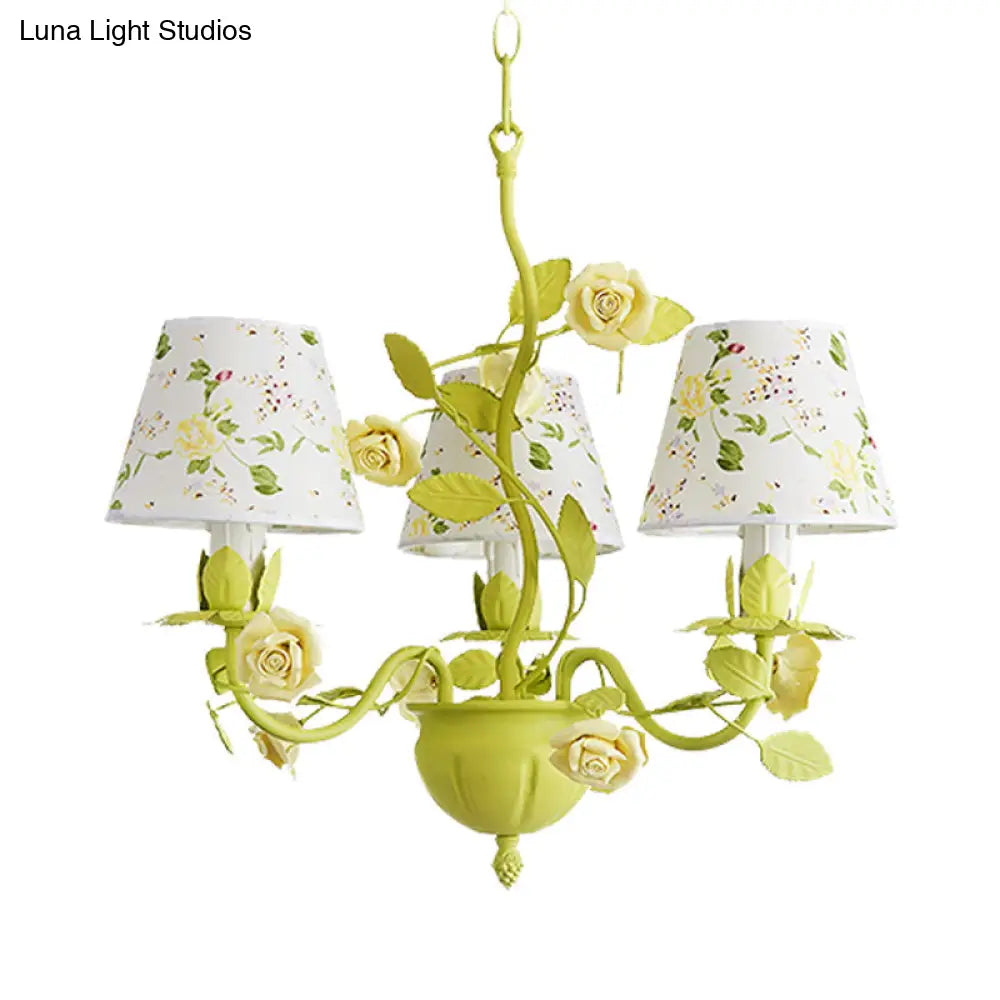 Tapered Green Pendant Chandelier With Traditional Metal Heads And Rose Decoration