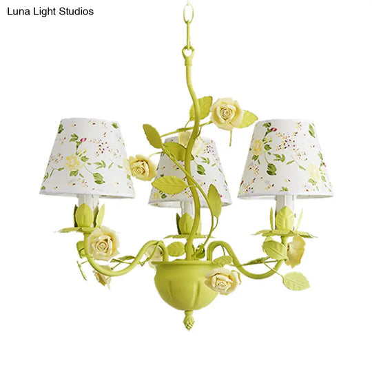 Tapered Green Pendant Chandelier With Traditional Metal Heads And Rose Decoration
