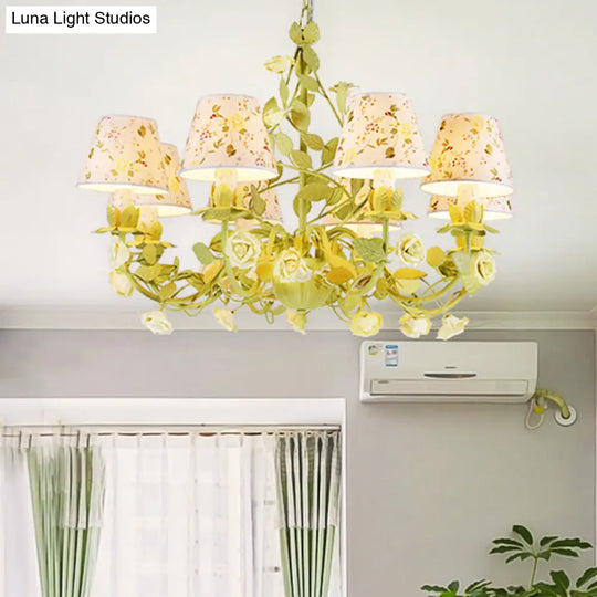 Tapered Green Pendant Chandelier With Traditional Metal Heads And Rose Decoration