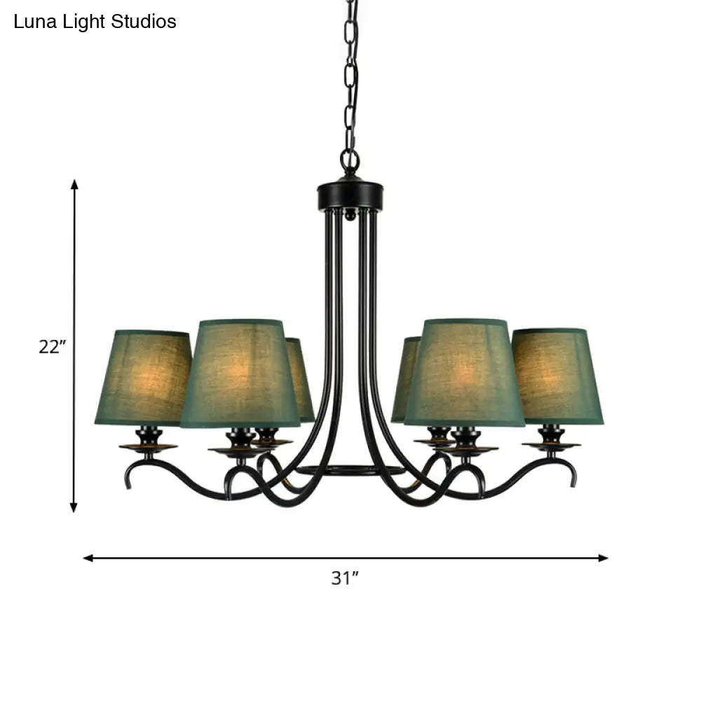 Tapered Green Rustic Chandelier: Fabric Pendant Light Kit With 6 Lights For Dining Room