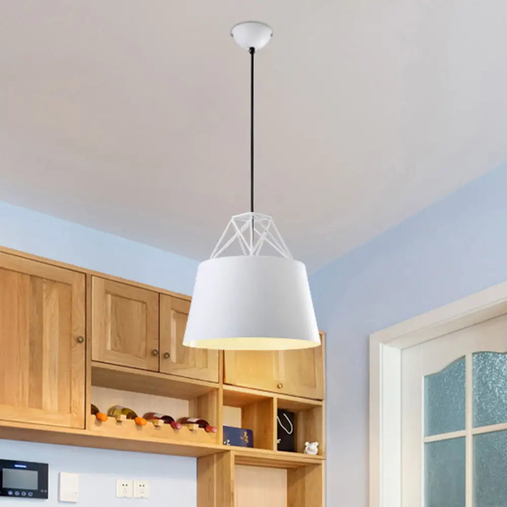 Tapered Macaron Pendant Ceiling Lamp - Metal Single-Bulb Suspension Fixture For Cafes White