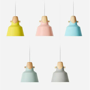 Tapered Metal Macaron Pendant Light With Wooden Decor - Restaurant Ceiling Hang Blue / 6