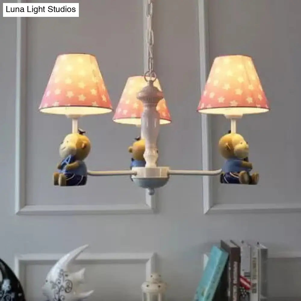 Tapered Shade Chandelier With Monkey Accent - Ideal For Kids Dining Room