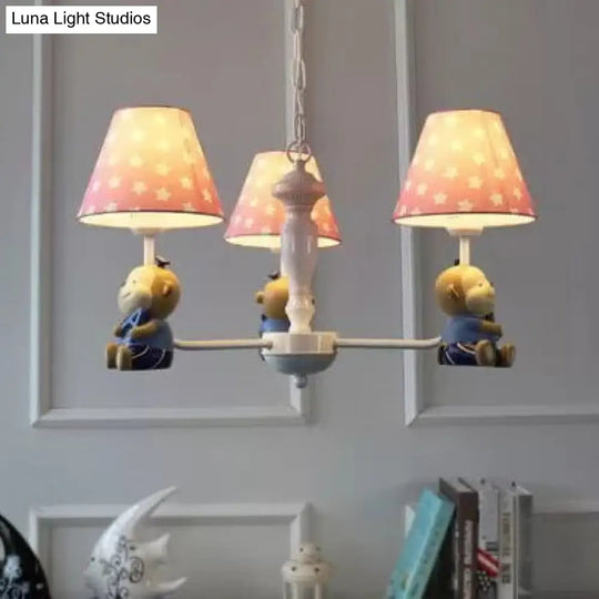 Tapered Shade Chandelier With Monkey Accent - Ideal For Kids Dining Room