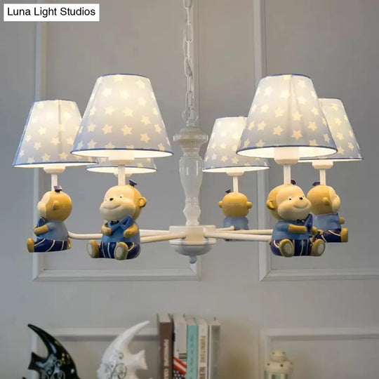 Tapered Shade Chandelier With Monkey Accent - Ideal For Kids Dining Room