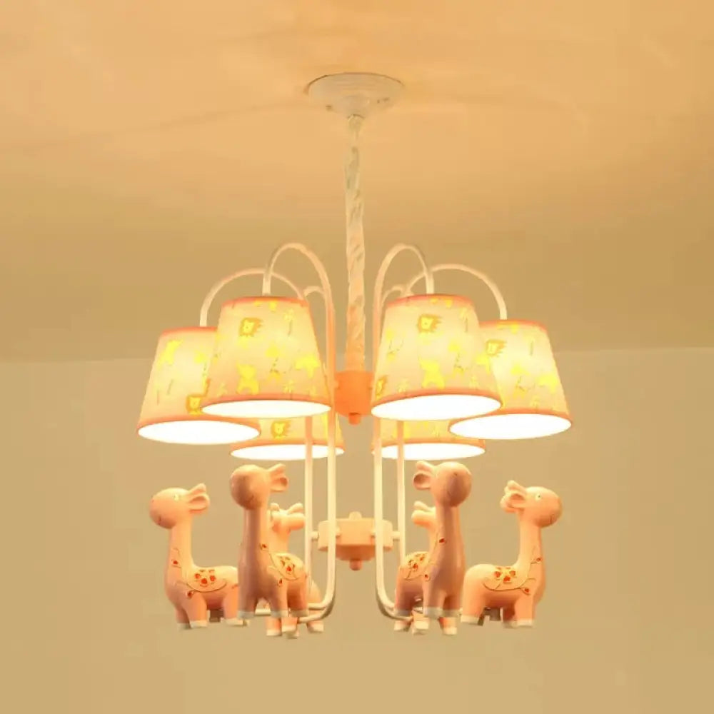 Tapered Shade Giraffe Metal Chandelier: Hanging Lamp With 6 Bulbs For Nursing Room Pink
