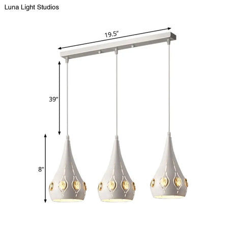 Teardrop Iron Cluster Pendant Lamp - Simple 3 Head White Ceiling Light With Crystal Decor