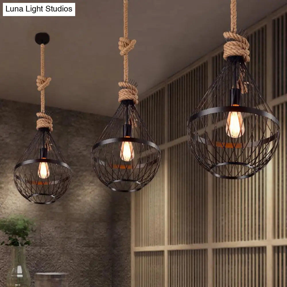 Teardrop Suspension Light: Metal Wire Frame Hanging Lamp In Black With 39’ Rope - Country Style