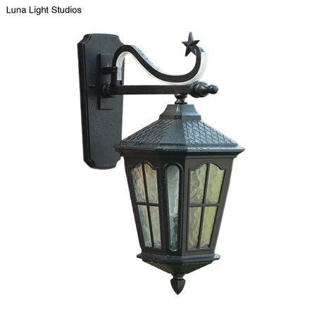 Textured Black Lantern Wall Sconce With Water Glass - Outdoor Mount Lamp (1 Light 9 Or 13 Width)
