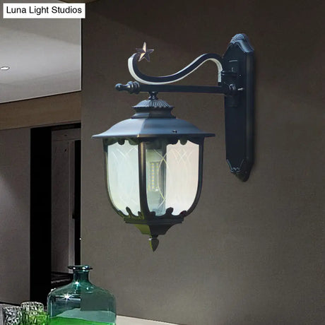 Textured Black Lantern Wall Sconce With Water Glass - Outdoor Mount Lamp (1 Light 9 Or 13 Width)
